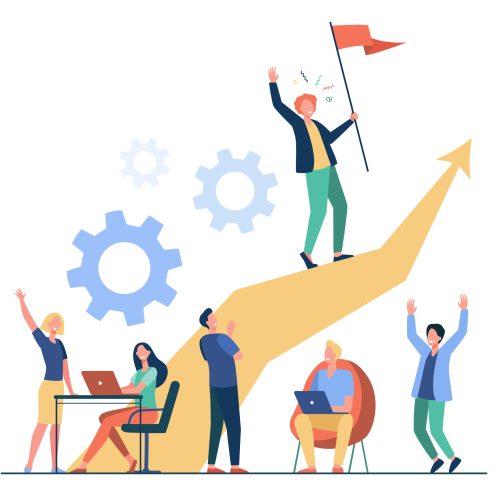 Business leader standing on arrow and holding flag flat vector illustration. Cartoon people training and doing business plan. Leadership, victory and challenge concept